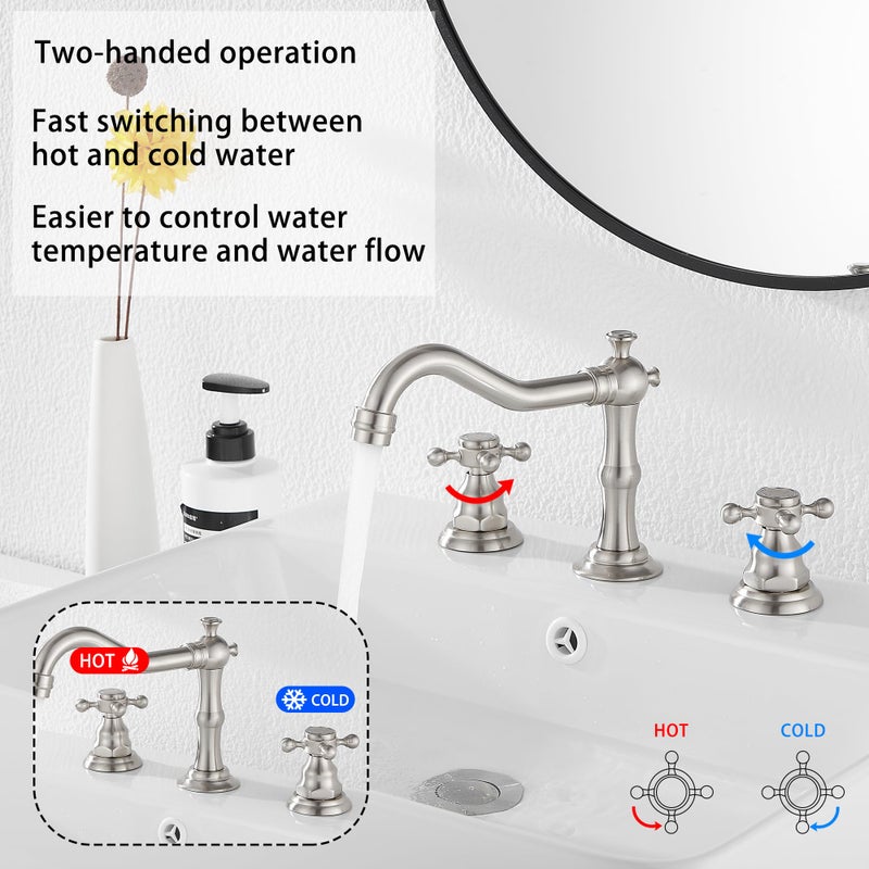 GGStudy Two Handles Three Holes Faucet 8-16 inch Widespread Bathroom Sink Faucet Brushed Nickel Basin Tap Mixer Faucet Matching Metal Pop Up Drain - Image 3